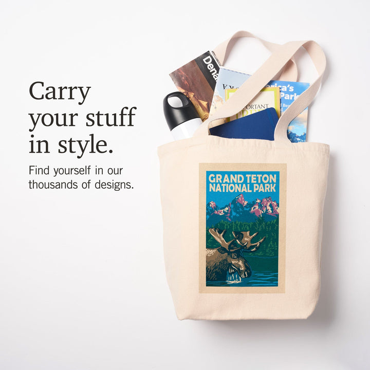 Grand Teton National Park, Moose in Lake, Woodblock, Tote Bag Totes Lantern Press 
