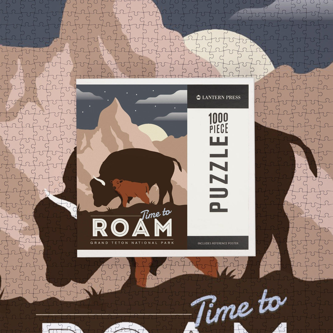 Grand Teton National Park, Time To Roam, Bison and Calf, Night Scene, Jigsaw Puzzle Puzzle Lantern Press 