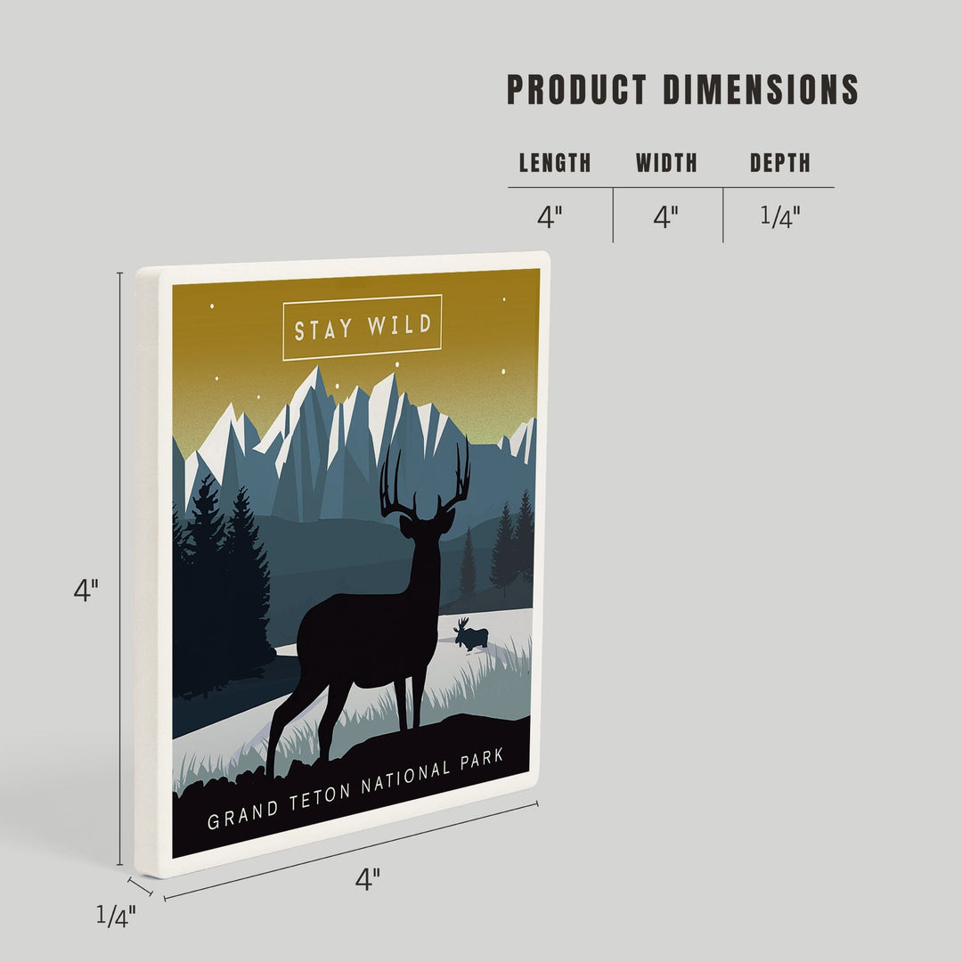 Grand Teton National Park, Wyoming, Animal Silhouettes, Yellow and Blue, Coasters Coasters Lantern Press 