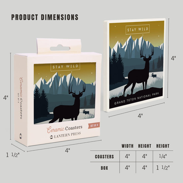 Grand Teton National Park, Wyoming, Animal Silhouettes, Yellow and Blue, Coasters Coasters Lantern Press 