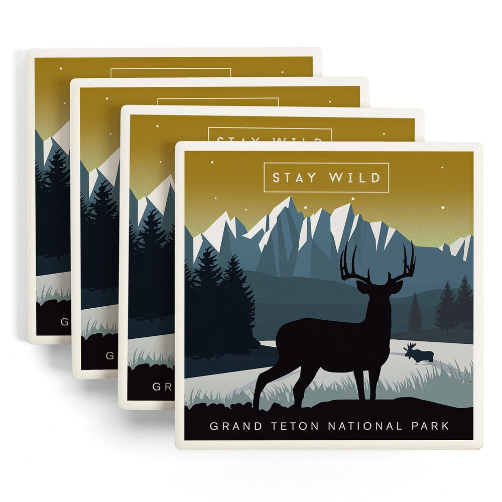 Grand Teton National Park, Wyoming, Animal Silhouettes, Yellow and Blue, Coasters Coasters Lantern Press 