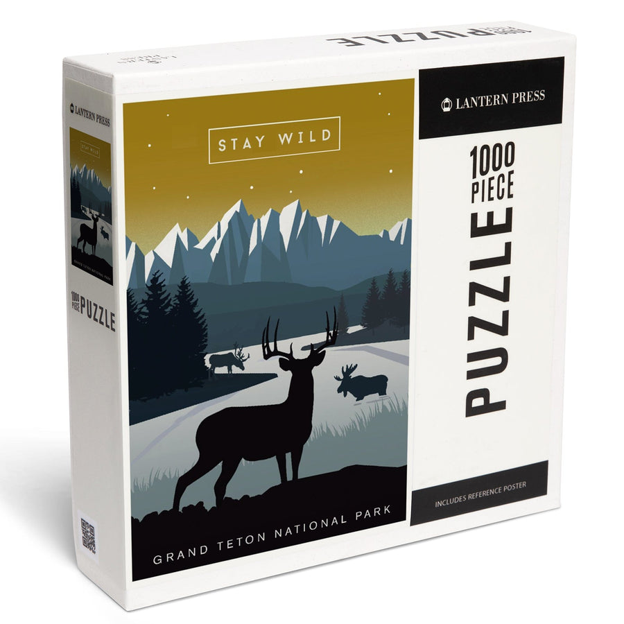 Grand Teton National Park, Wyoming, Animal Silhouettes, Yellow and Blue, Jigsaw Puzzle Puzzle Lantern Press 