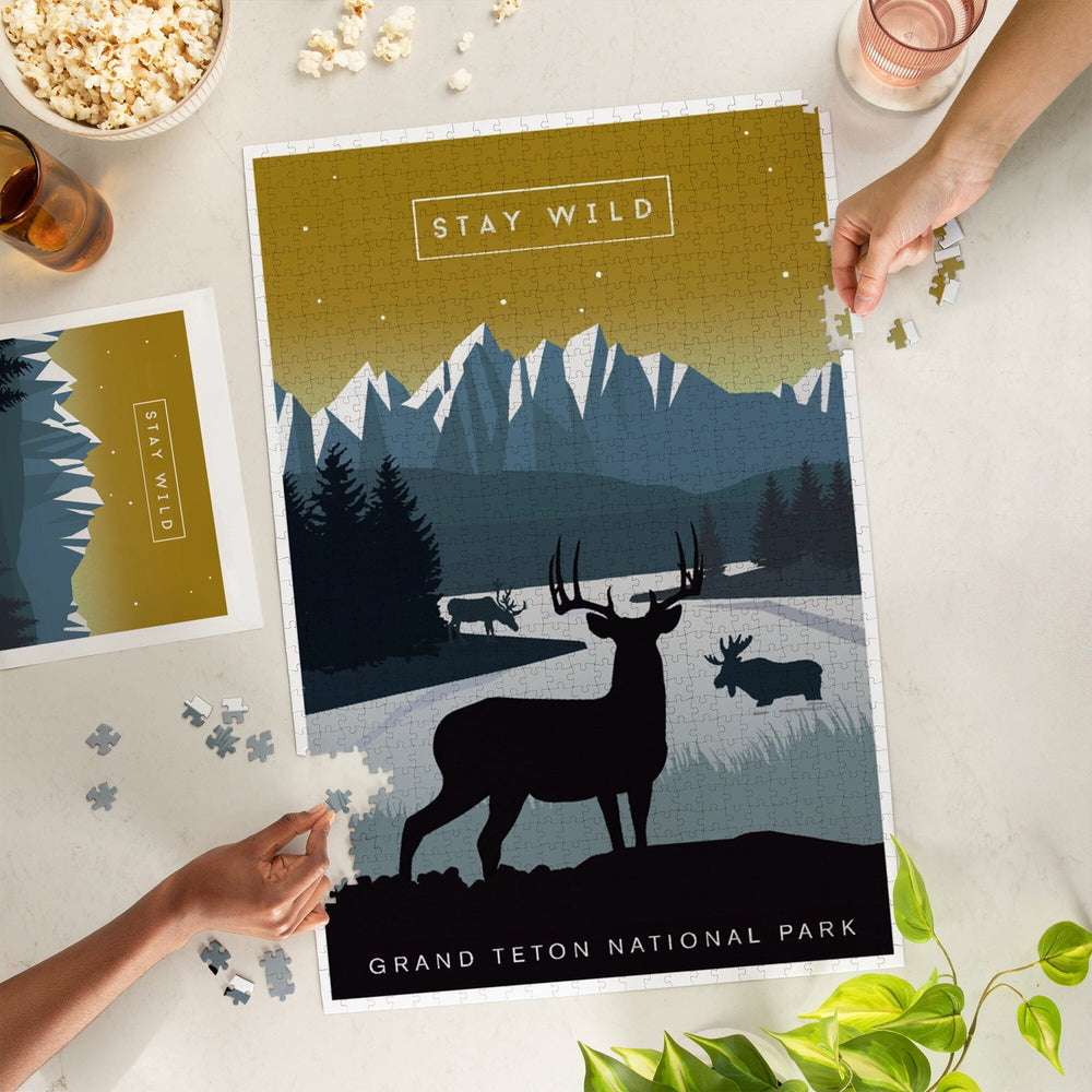 Grand Teton National Park, Wyoming, Animal Silhouettes, Yellow and Blue, Jigsaw Puzzle Puzzle Lantern Press 
