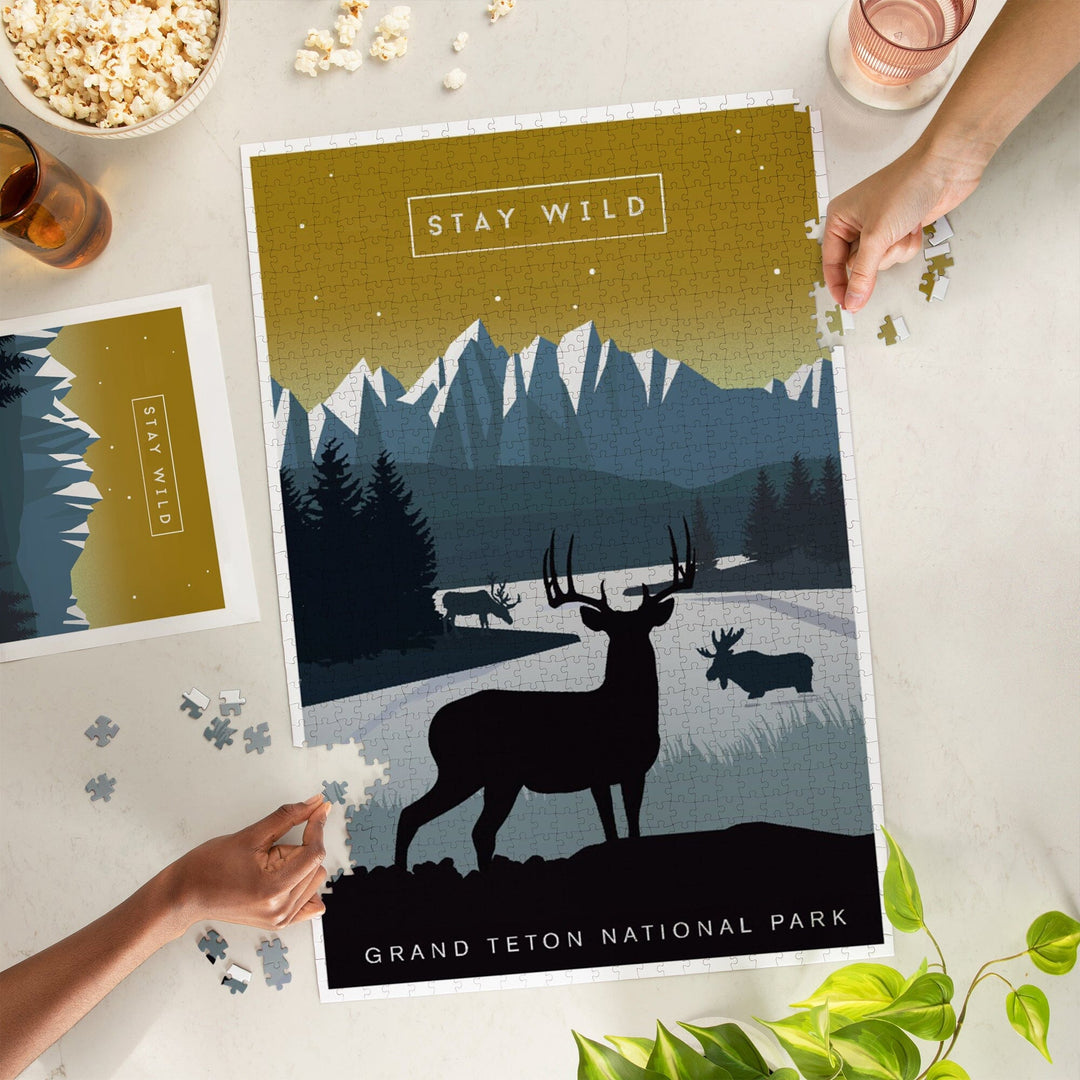 Grand Teton National Park, Wyoming, Animal Silhouettes, Yellow and Blue, Jigsaw Puzzle Puzzle Lantern Press 