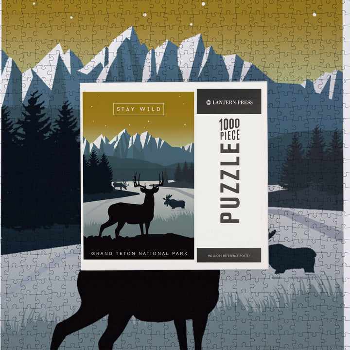Grand Teton National Park, Wyoming, Animal Silhouettes, Yellow and Blue, Jigsaw Puzzle Puzzle Lantern Press 