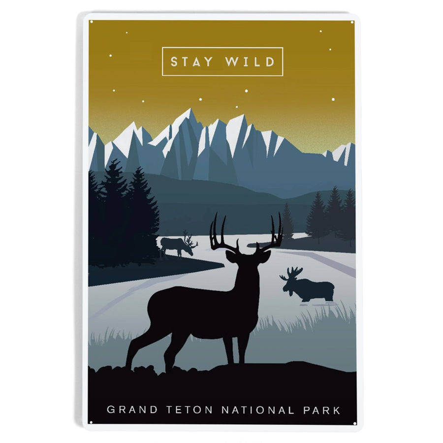 Grand Teton National Park, Wyoming, Animal Silhouettes, Yellow and Blue, Metal Signs Metal Lantern Press 