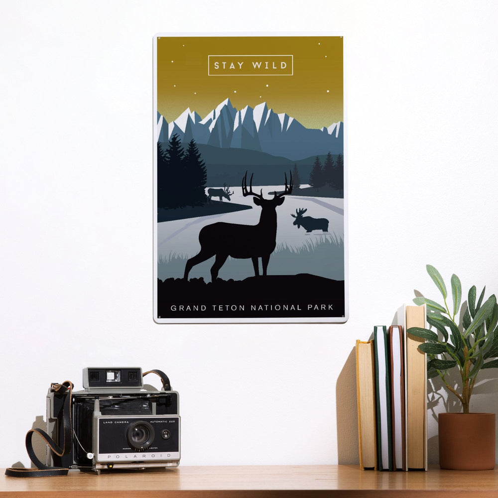 Grand Teton National Park, Wyoming, Animal Silhouettes, Yellow and Blue, Metal Signs Metal Lantern Press 