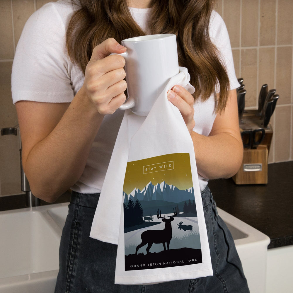 Grand Teton National Park, Wyoming, Animal Silhouettes, Yellow and Blue, Organic Cotton Kitchen Tea Towels Kitchen Lantern Press 