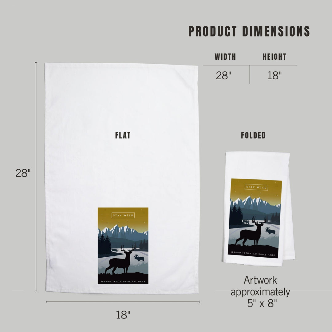 Grand Teton National Park, Wyoming, Animal Silhouettes, Yellow and Blue, Organic Cotton Kitchen Tea Towels Kitchen Lantern Press 