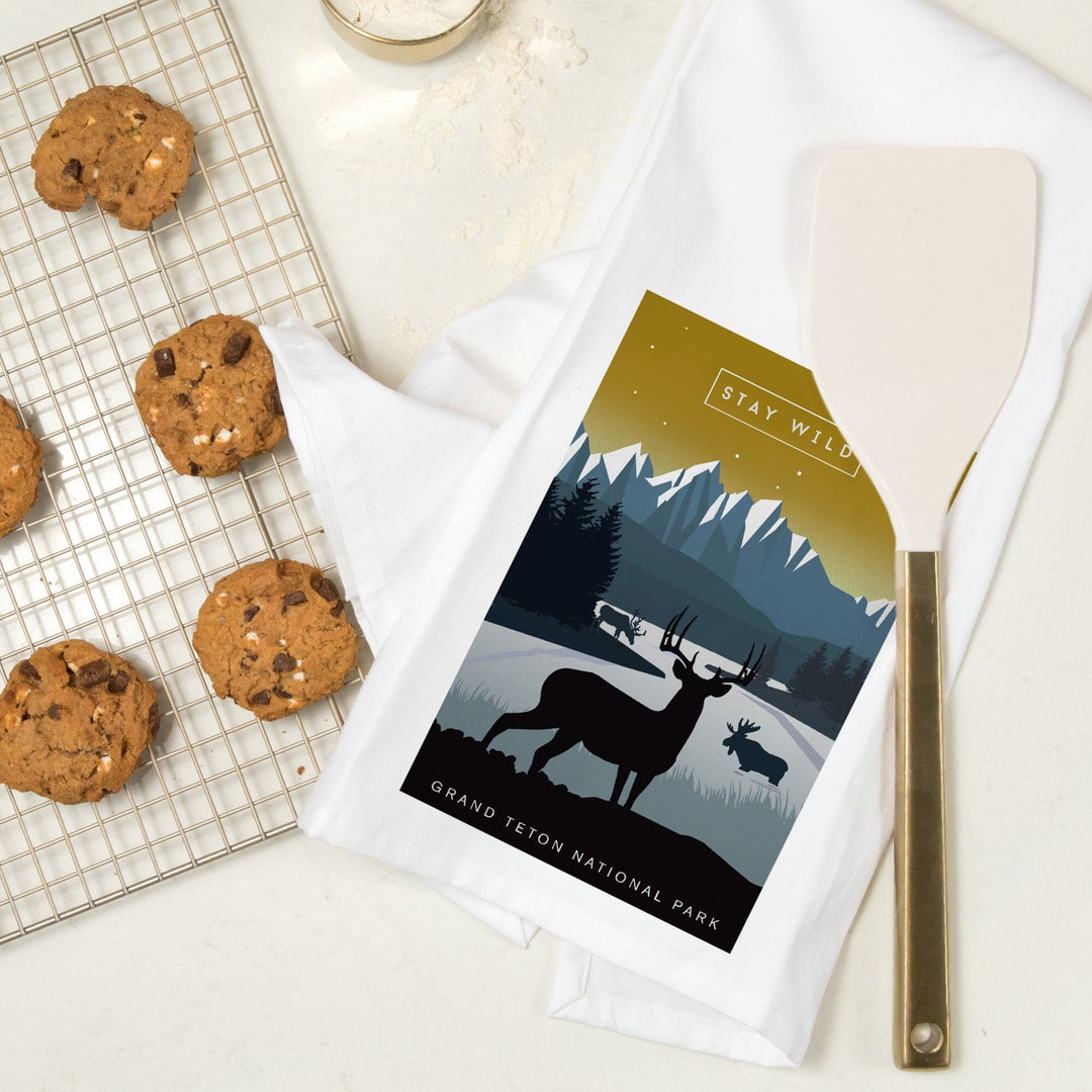 Grand Teton National Park, Wyoming, Animal Silhouettes, Yellow and Blue, Organic Cotton Kitchen Tea Towels Kitchen Lantern Press 