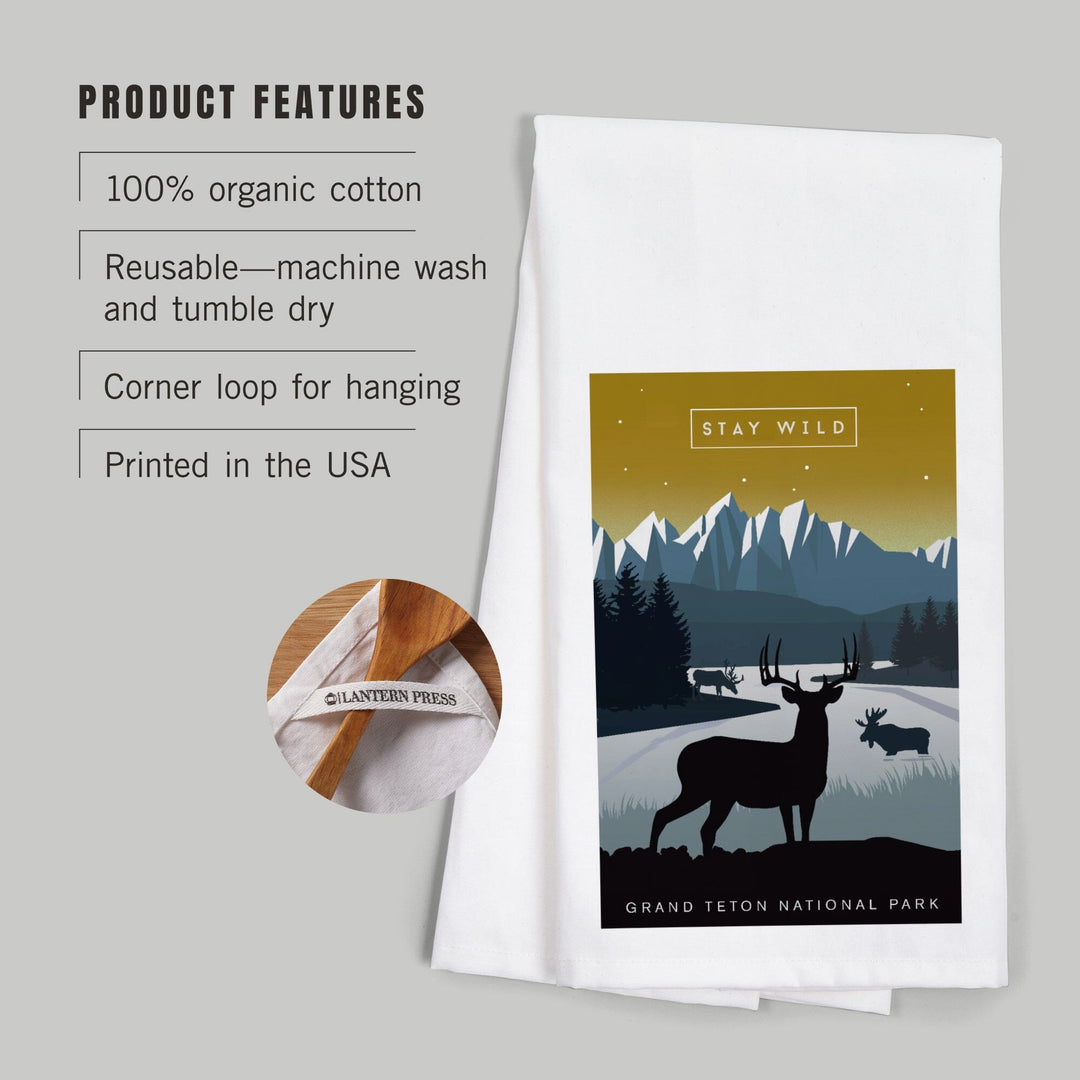 Grand Teton National Park, Wyoming, Animal Silhouettes, Yellow and Blue, Organic Cotton Kitchen Tea Towels Kitchen Lantern Press 
