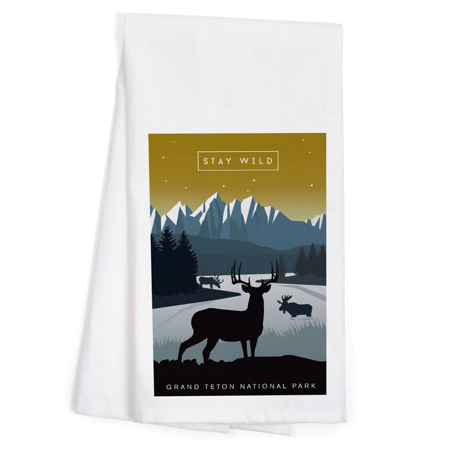 Grand Teton National Park, Wyoming, Animal Silhouettes, Yellow and Blue, Organic Cotton Kitchen Tea Towels Kitchen Lantern Press 