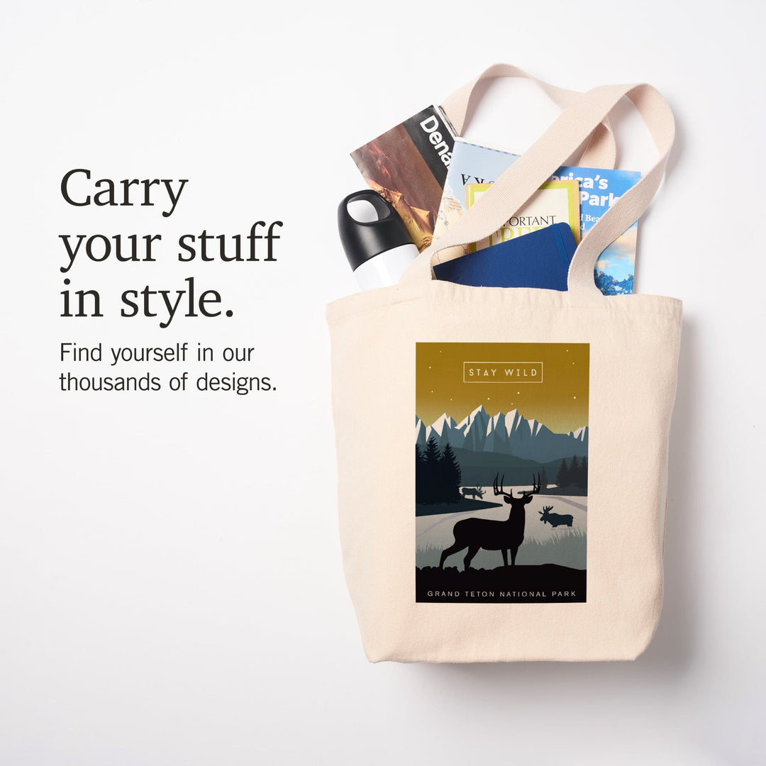 Grand Teton National Park, Wyoming, Animal Silhouettes, Yellow and Blue, Tote Bag Totes Lantern Press 