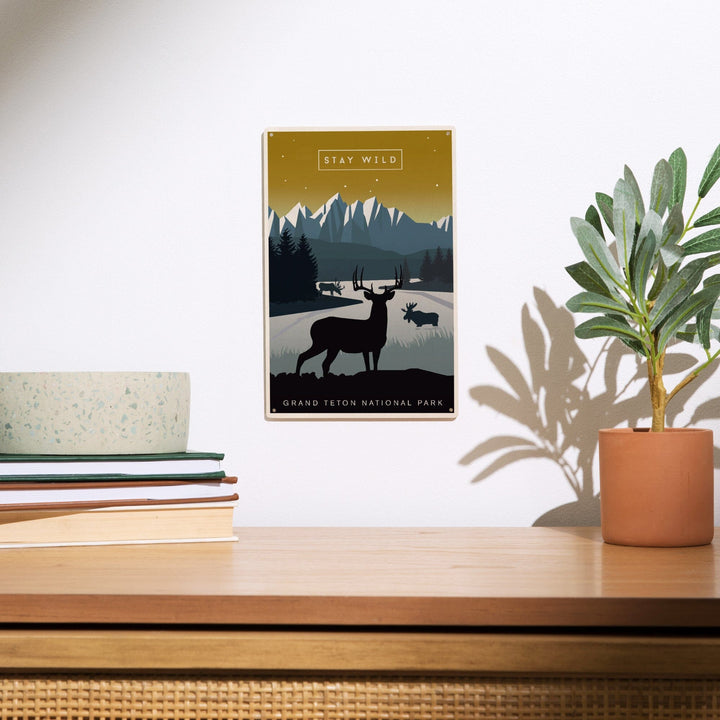 Grand Teton National Park, Wyoming, Animal Silhouettes, Yellow and Blue, Wood Signs and Postcards Wood Lantern Press 