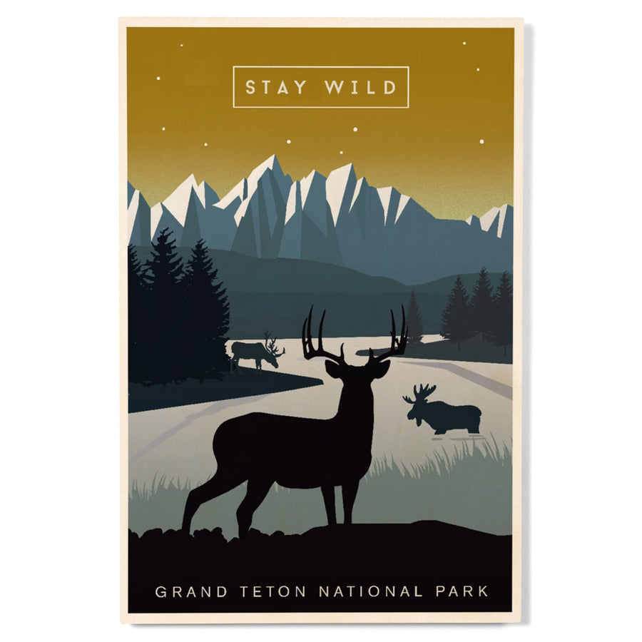 Grand Teton National Park, Wyoming, Animal Silhouettes, Yellow and Blue, Wood Signs and Postcards Wood Lantern Press 