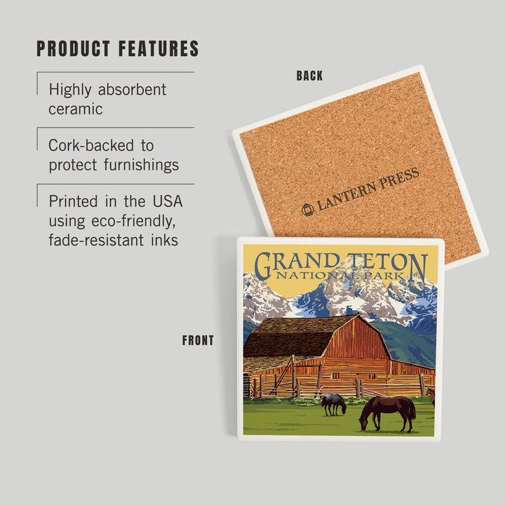 Grand Teton National Park, Wyoming, Barn and Mountains, Coasters Coasters Lantern Press 
