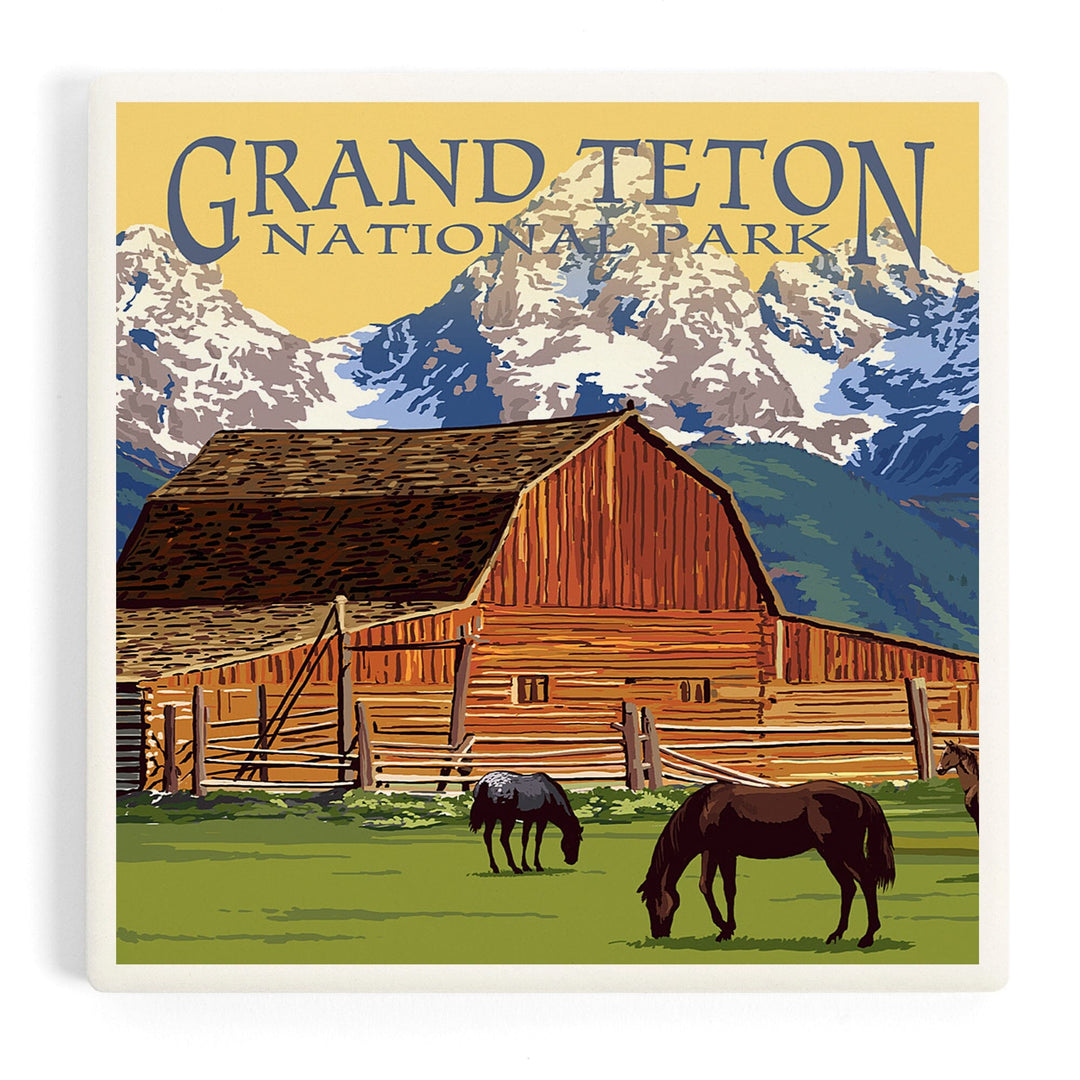 Grand Teton National Park, Wyoming, Barn and Mountains, Coasters Coasters Lantern Press Coaster 