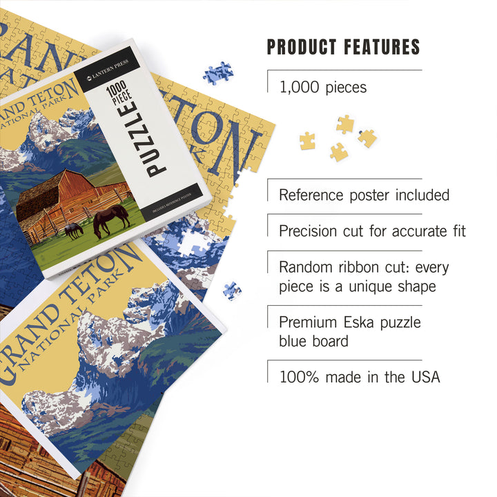 Grand Teton National Park, Wyoming, Barn and Mountains, Jigsaw Puzzle Puzzle Lantern Press 