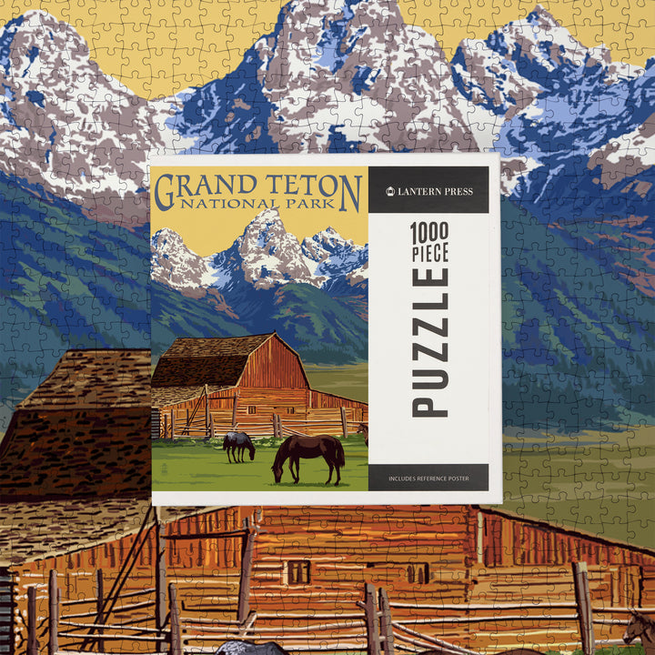 Grand Teton National Park, Wyoming, Barn and Mountains, Jigsaw Puzzle Puzzle Lantern Press 