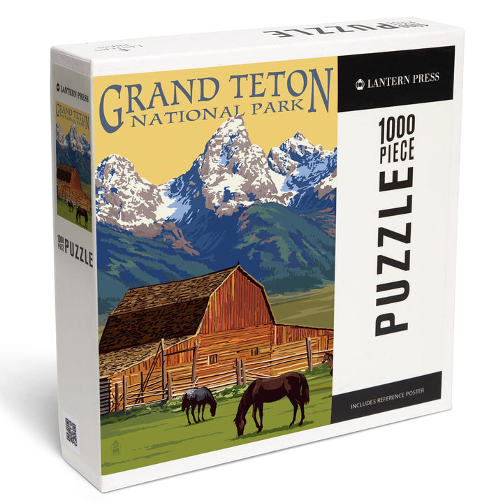 Grand Teton National Park, Wyoming, Barn and Mountains, Jigsaw Puzzle Puzzle Lantern Press 
