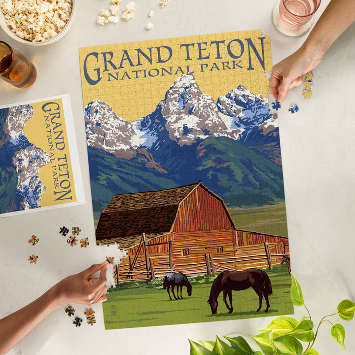 Grand Teton National Park, Wyoming, Barn and Mountains, Jigsaw Puzzle Puzzle Lantern Press 