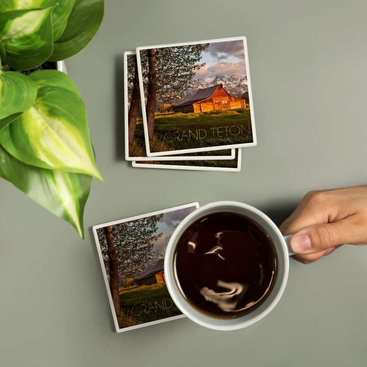 Grand Teton National Park, Wyoming, Barn and Tree, Coasters Coasters Lantern Press 