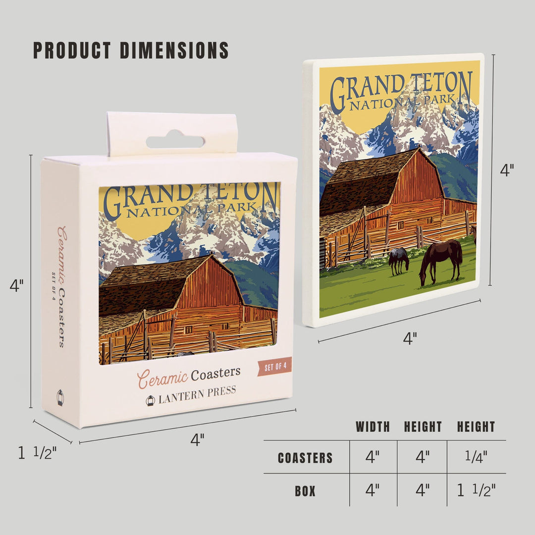 Grand Teton National Park, Wyoming, Barn & Mountains, Lantern Press Artwork, Coaster Set - Lantern Press