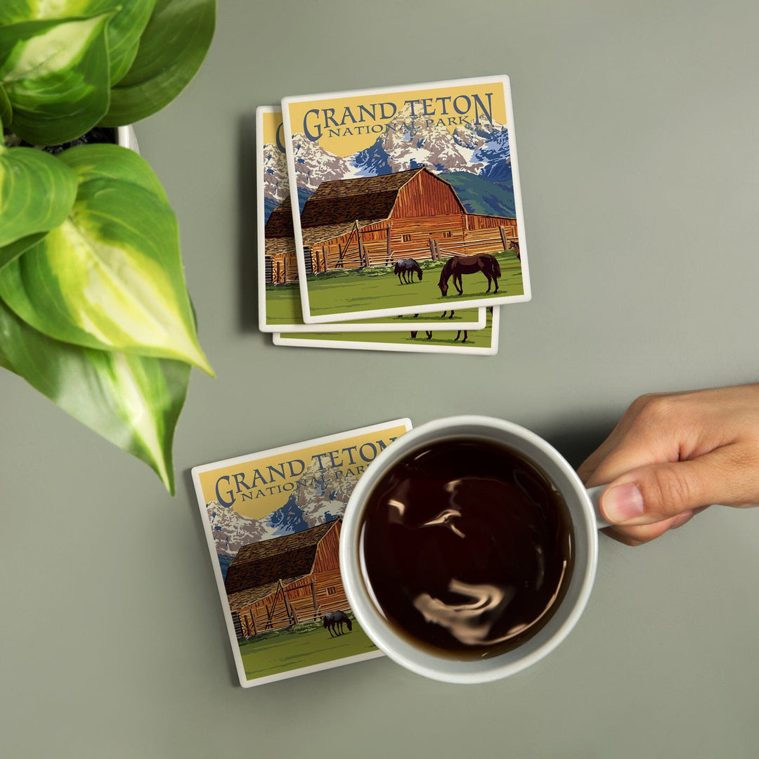 Grand Teton National Park, Wyoming, Barn & Mountains, Lantern Press Artwork, Coaster Set - Lantern Press