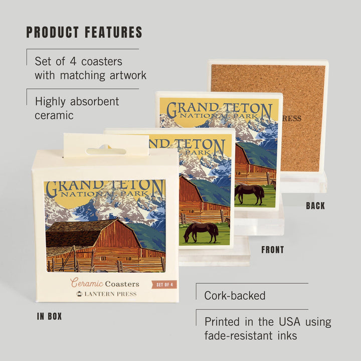 Grand Teton National Park, Wyoming, Barn & Mountains, Lantern Press Artwork, Coaster Set - Lantern Press