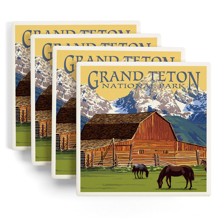 Grand Teton National Park, Wyoming, Barn & Mountains, Lantern Press Artwork, Coaster Set - Lantern Press