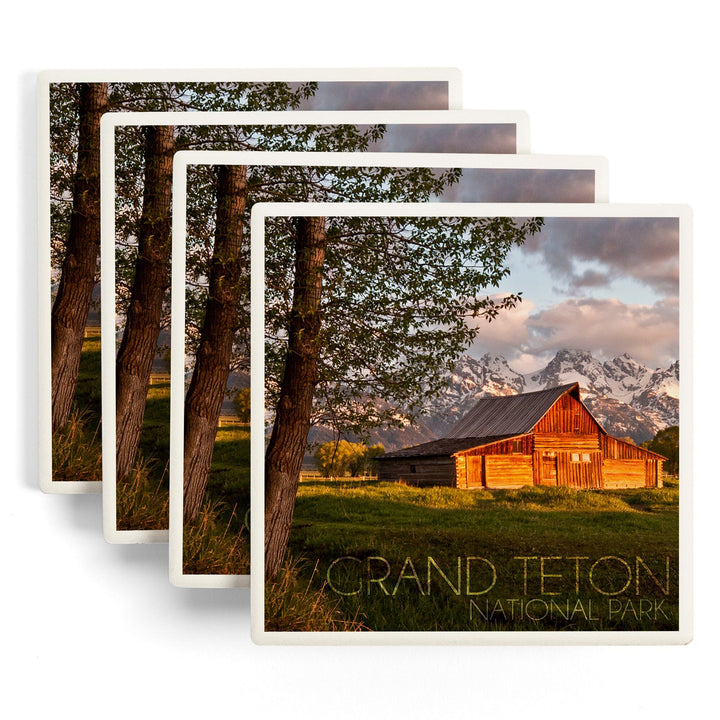 Grand Teton National Park, Wyoming, Barn & Tree, Lantern Press Photography, Coaster Set - Lantern Press