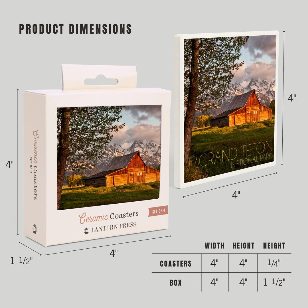 Grand Teton National Park, Wyoming, Barn & Tree, Lantern Press Photography, Coaster Set - Lantern Press