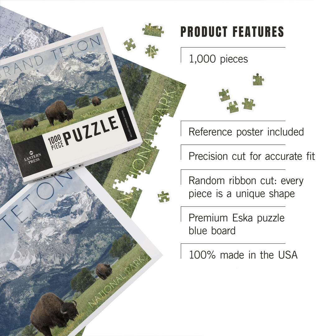 Grand Teton National Park, Wyoming, Buffalo and Mountain Scene, Jigsaw Puzzle Puzzle Lantern Press 