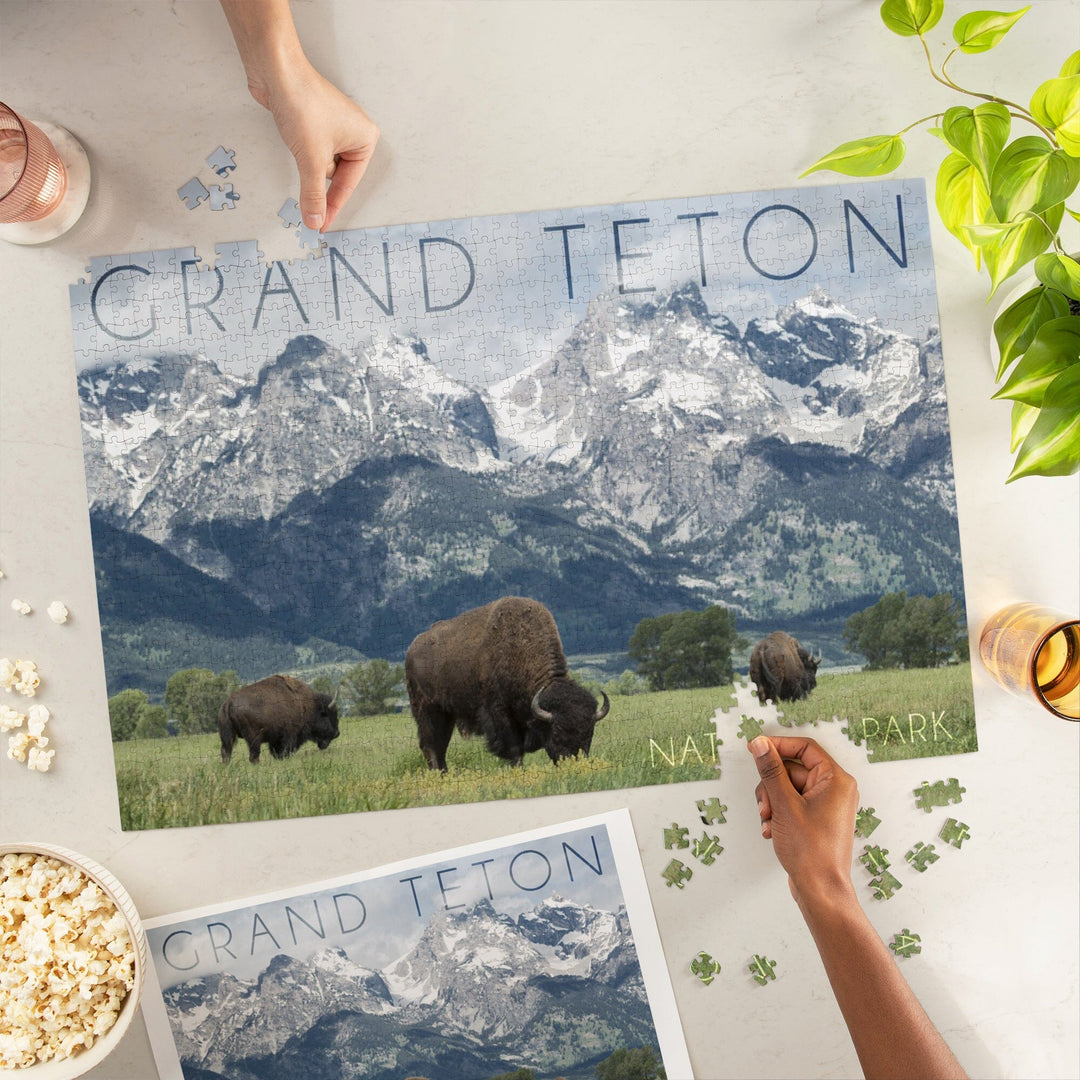 Grand Teton National Park, Wyoming, Buffalo and Mountain Scene, Jigsaw Puzzle Puzzle Lantern Press 