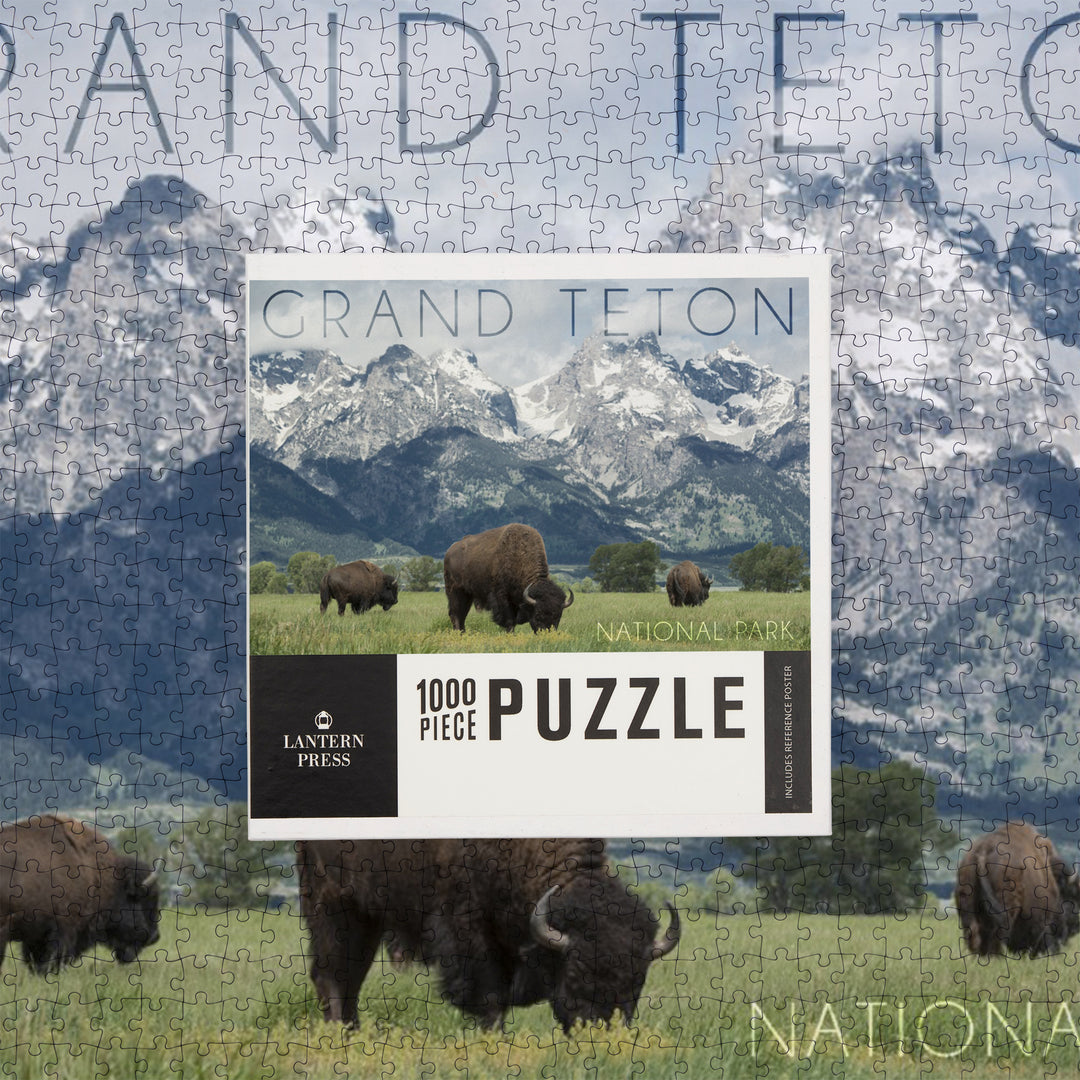 Grand Teton National Park, Wyoming, Buffalo and Mountain Scene, Jigsaw Puzzle Puzzle Lantern Press 