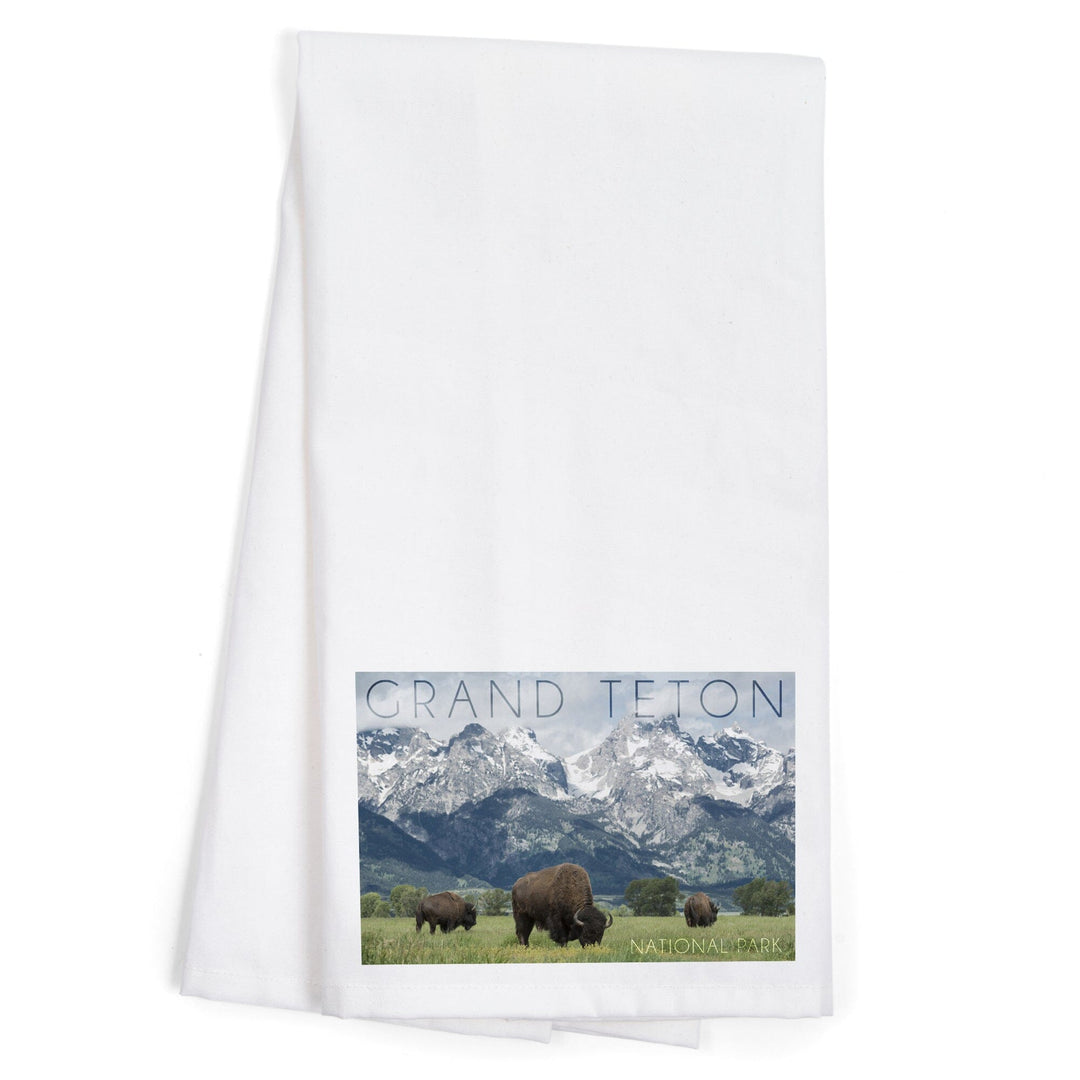 Grand Teton National Park, Wyoming, Buffalo and Mountain Scene, Organic Cotton Kitchen Tea Towels Kitchen Lantern Press 