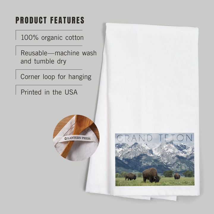 Grand Teton National Park, Wyoming, Buffalo and Mountain Scene, Organic Cotton Kitchen Tea Towels Kitchen Lantern Press 