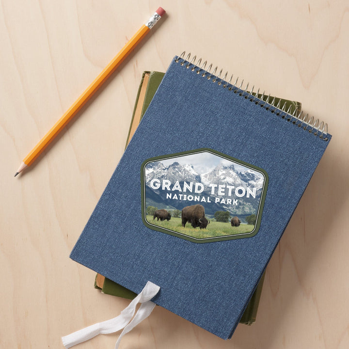 Grand Teton National Park, Wyoming, Buffalo & Mountain Scene, Contour, Lantern Press Photography, Vinyl Sticker - Lantern Press