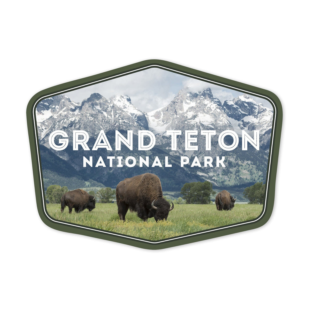 Grand Teton National Park, Wyoming, Buffalo & Mountain Scene, Contour, Lantern Press Photography, Vinyl Sticker - Lantern Press