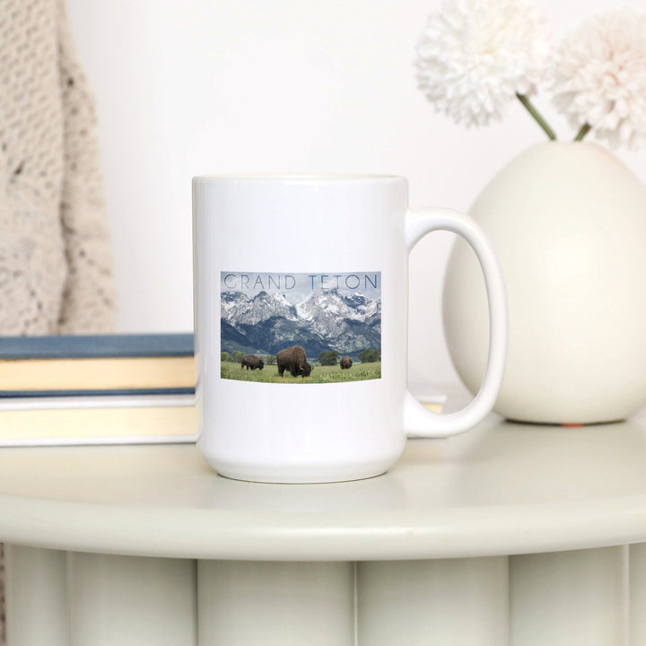 Grand Teton National Park, Wyoming, Buffalo & Mountain Scene, Lantern Press Photography, Ceramic Mug Mugs Lantern Press 