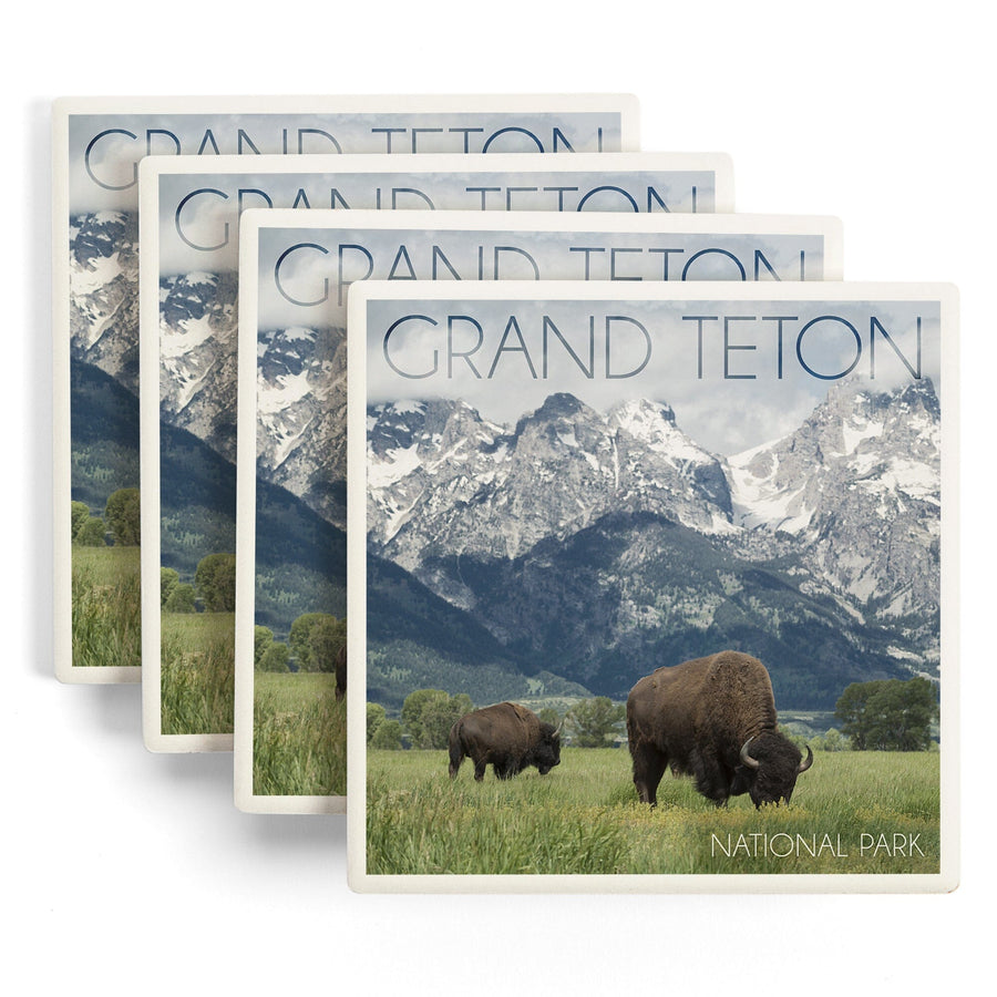 Grand Teton National Park, Wyoming, Buffalo & Mountain Scene, Lantern Press Photography, Coaster Set - Lantern Press