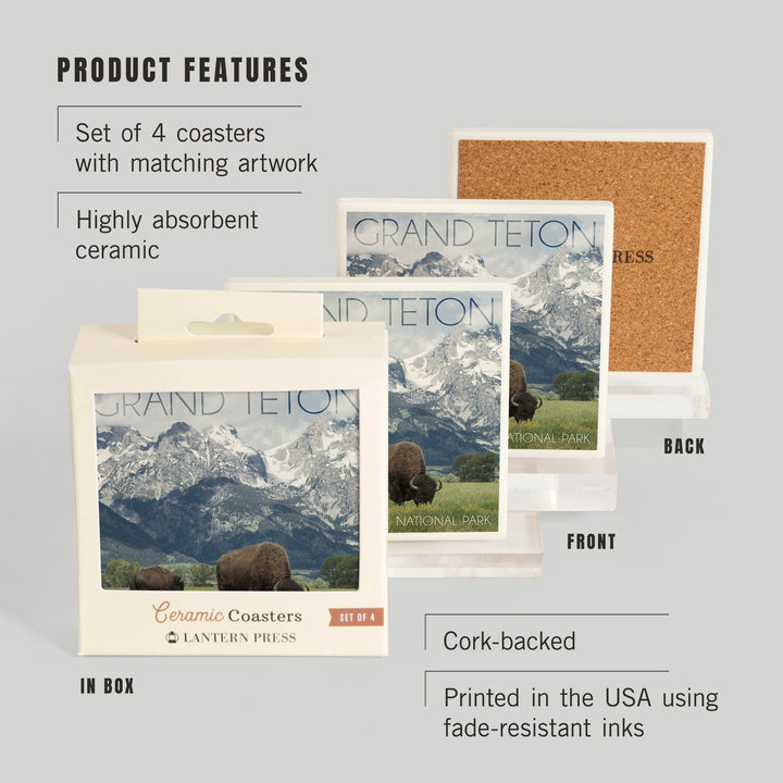 Grand Teton National Park, Wyoming, Buffalo & Mountain Scene, Lantern Press Photography, Coaster Set - Lantern Press