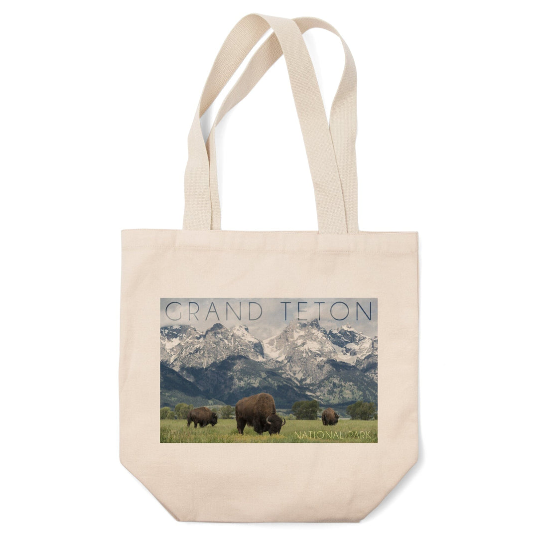 Grand Teton National Park, Wyoming, Buffalo & Mountain Scene, Lantern Press Photography, Tote Bag Totes Lantern Press 