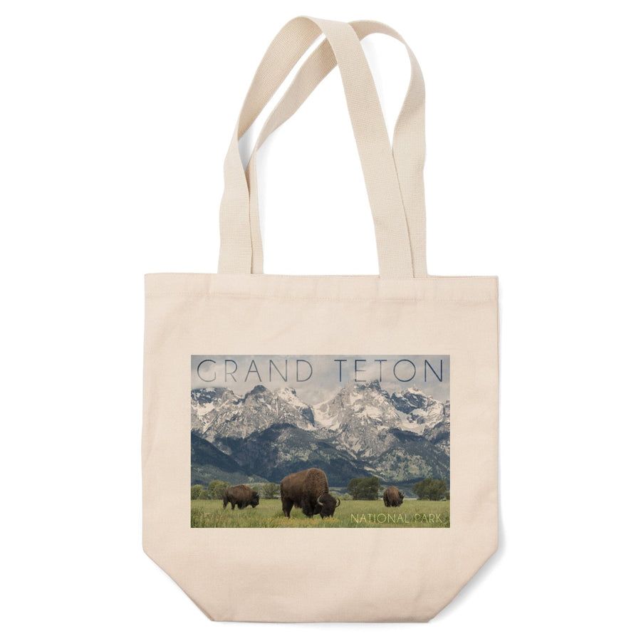 Grand Teton National Park, Wyoming, Buffalo & Mountain Scene, Lantern Press Photography, Tote Bag Totes Lantern Press 