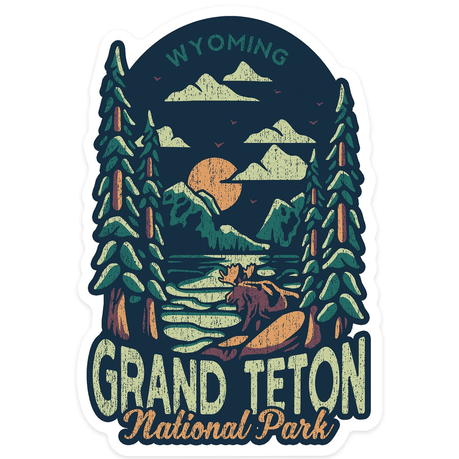 Grand Teton National Park, Wyoming, Distress Vector Shapes, Contour, Lantern Press Artwork, Vinyl Sticker Sticker Lantern Press 
