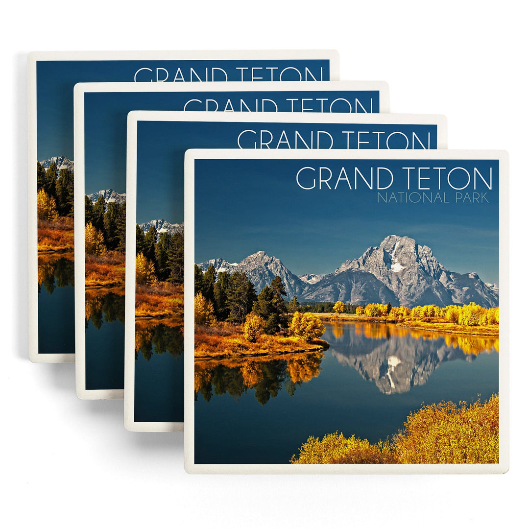 Grand Teton National Park, Wyoming, Fall Colors at Oxbow Bend, Lantern Press Photography, Coaster Set - Lantern Press