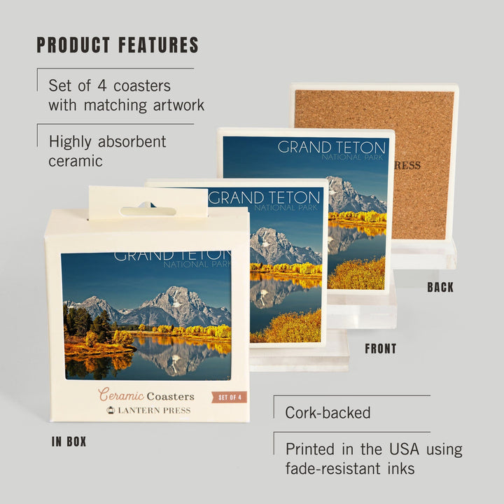 Grand Teton National Park, Wyoming, Fall Colors at Oxbow Bend, Lantern Press Photography, Coaster Set - Lantern Press