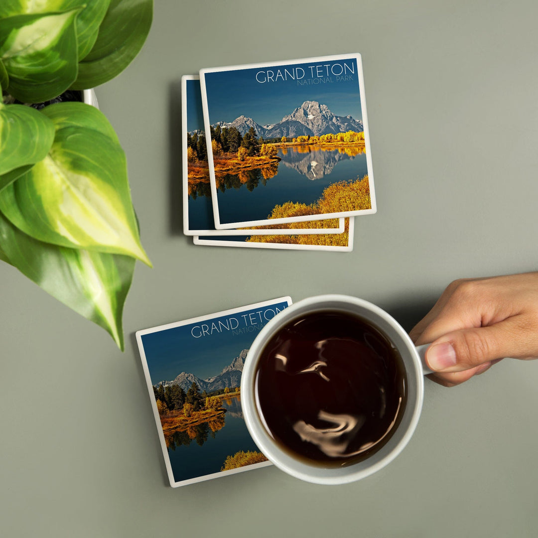 Grand Teton National Park, Wyoming, Fall Colors at Oxbow Bend, Lantern Press Photography, Coaster Set - Lantern Press