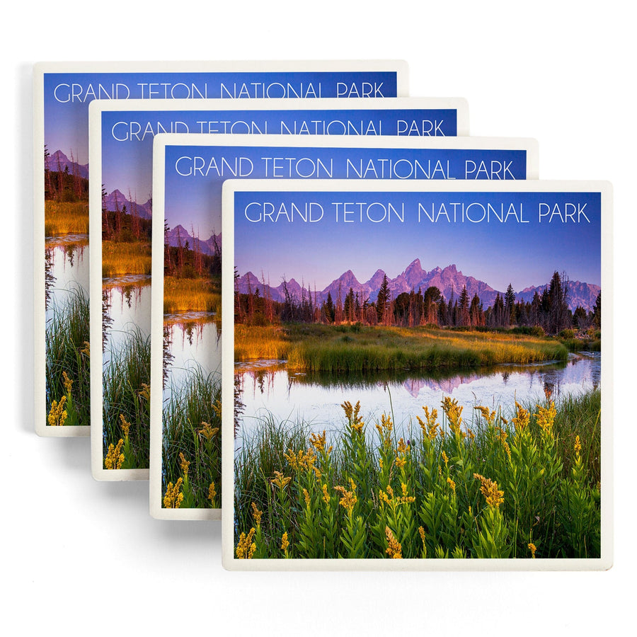 Grand Teton National Park, Wyoming, Flower Foreground, Lantern Press Photography, Coaster Set - Lantern Press