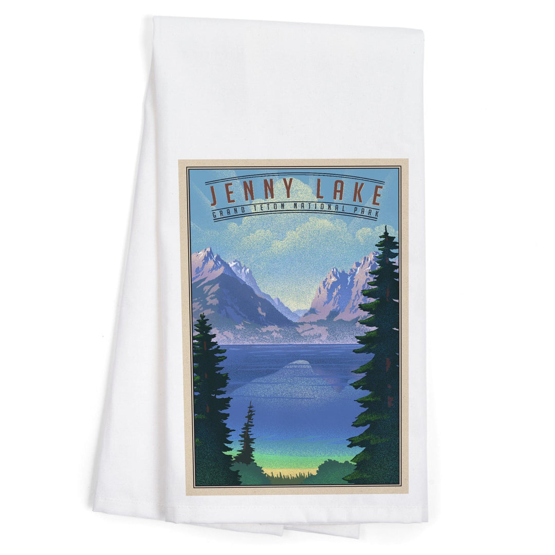 Grand Teton National Park, Wyoming, Jenny Lake, Lithograph National Park Series, Organic Cotton Kitchen Tea Towels Kitchen Lantern Press 